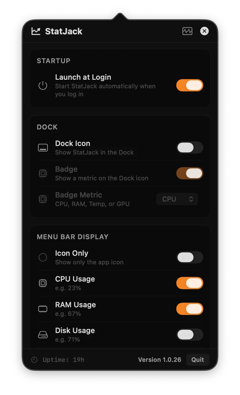 StatJack settings with Launch at Login, Dock icon and badge controls, and individual menu bar metric toggles.